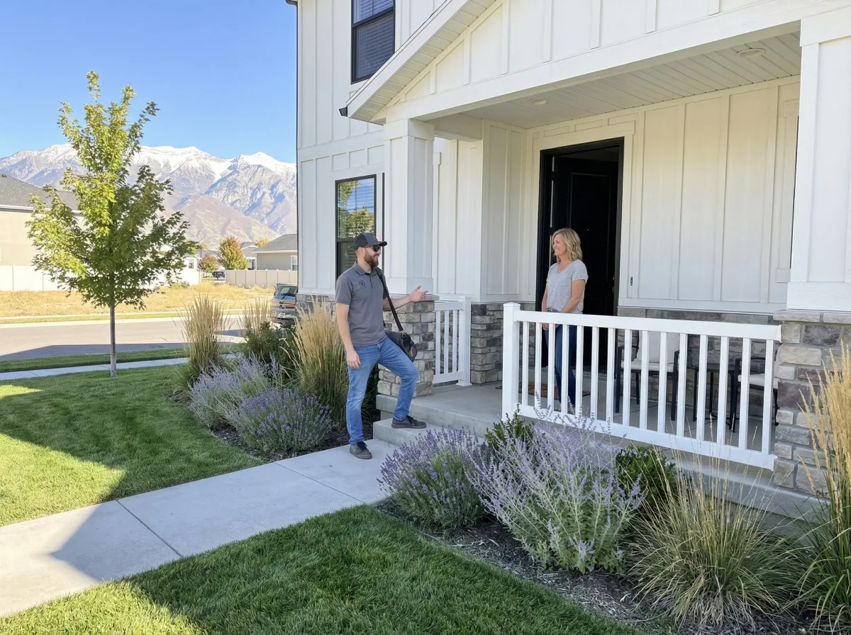 Air Express HVAC technician greeting a Utah homeowner at her front door with the Wasatch Mountains in the background